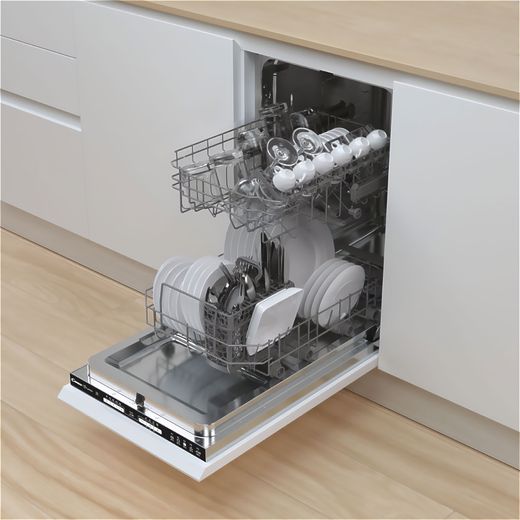 Candy Integrated Slimline Dishwasher - Black Control Panel  - Door open in kitchen shot